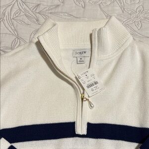 J. Crew Women’s Zip-Up Sweater in White and Navy with pearl , New